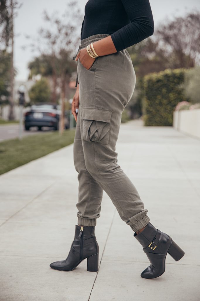Nine West boots. Silk green cargo pants Military chic style inexpensive shop tobi blogger review la fashion black girl Los Angeles blogger. Brooklyn nyc