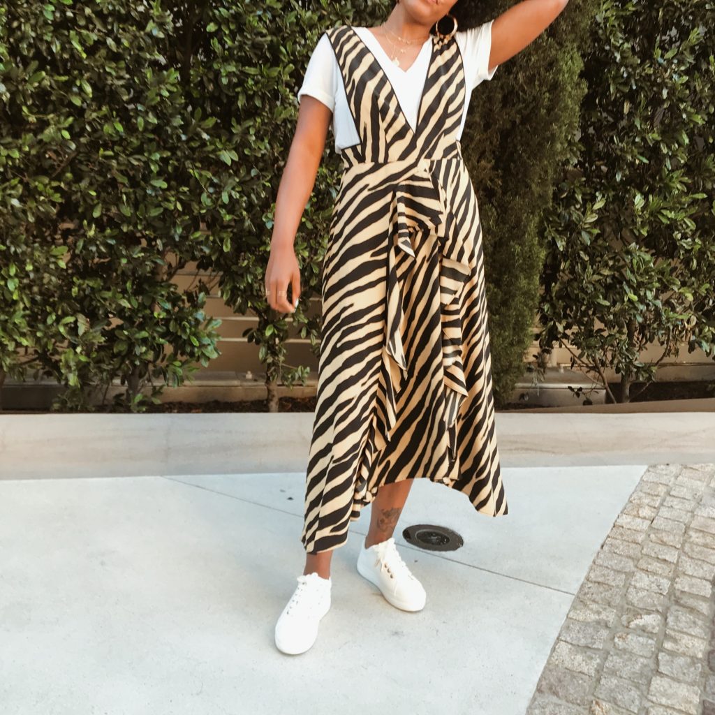 Zebra print Topshop dress with plunging neckline deep v. Wear a dress over T-shirt with sneakers. Brooklyn blogger.