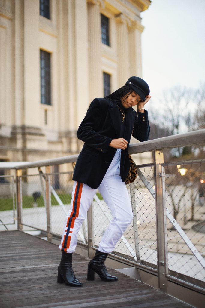 How to style track pants. Dress up athlesiure outfit with blazer ellesse USA. Brooklyn New York black girl fashion style blogger blog influencer