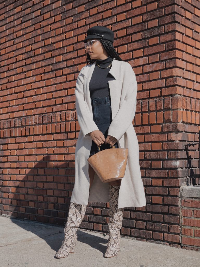 RTR sustainable fashion with rent the runway how to style snakeskin boots. Black mini skirt. Loeffler randall bag nyc blogger black girl style fashion blog
