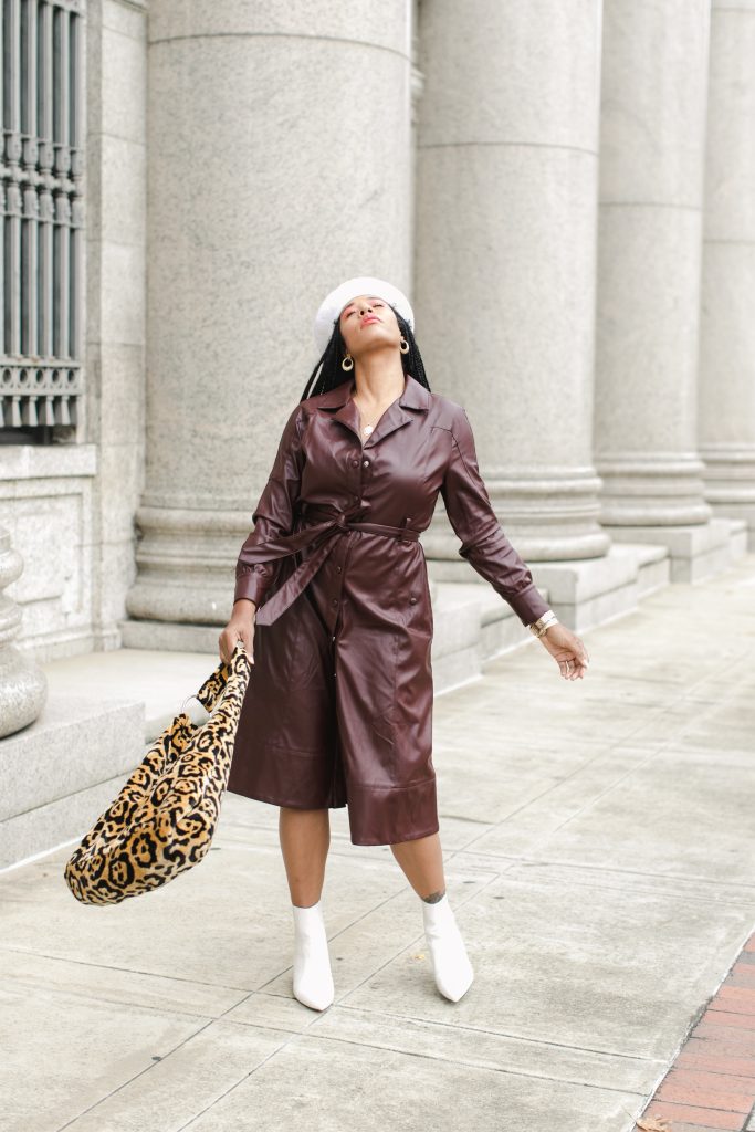 brown faux leather trench coat as a dress winter. fluffy leopard print purse. how to find a photographer for your fashion blog nyc influencer style blogger