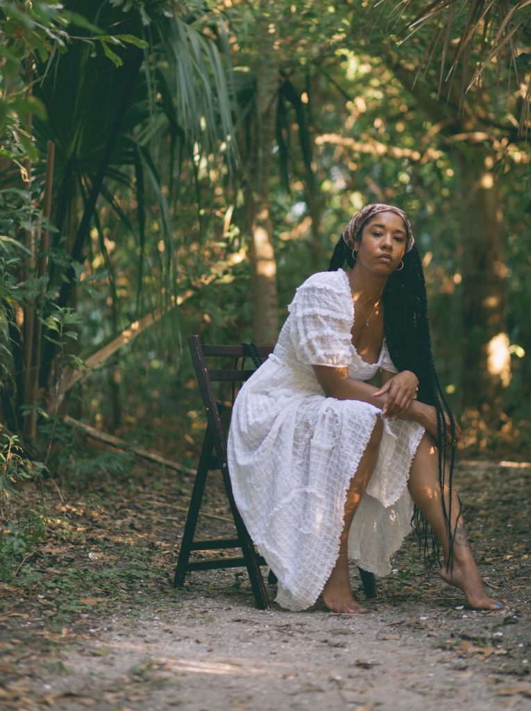 shop doen white prairie dress new Orleans photo shoot boho black girl in Forest ethereal photography